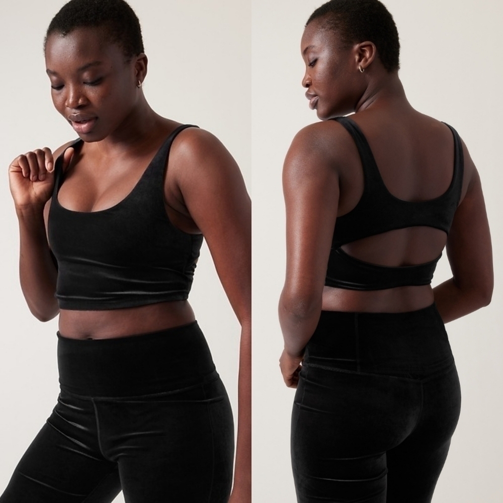 NEW Athleta Black Velvet Cut Out Crop A-C Workout Bra Top XL